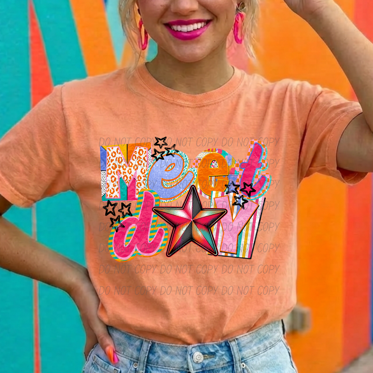 meet day star orange leopard M, diff print background for each letter (city) DTF Transfer