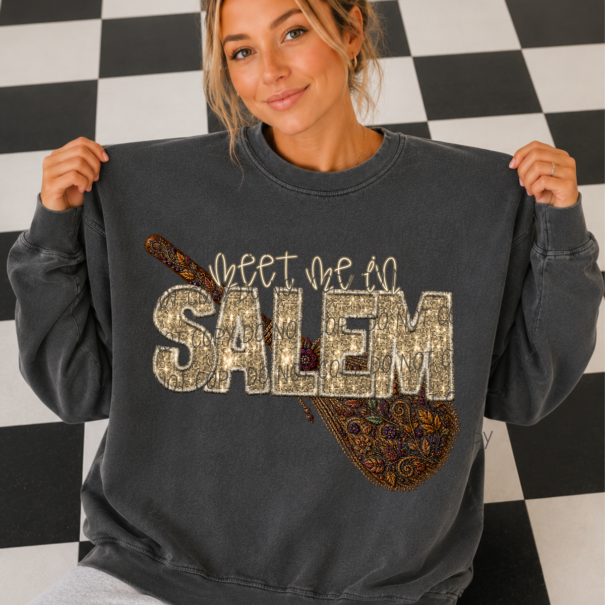Meet me in Salem glitter font and broom (City) DTF Transfer