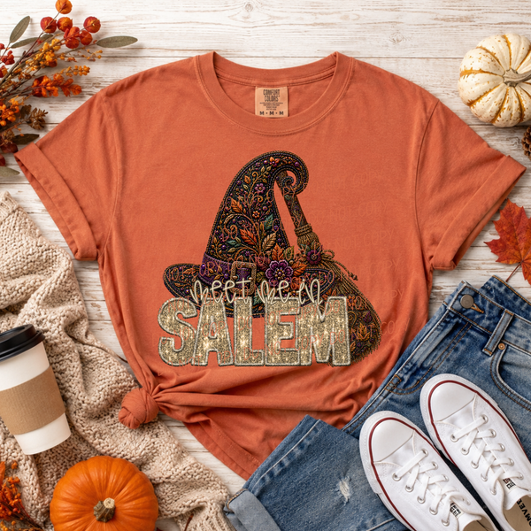Meet me in Salem glitter font hat and broom (City) DTF Transfer