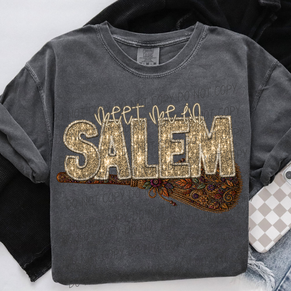 Meet me in Salem glitter font and broom (City) DTF Transfer