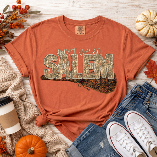 Meet me in Salem glitter font and broom (City) DTF Transfer