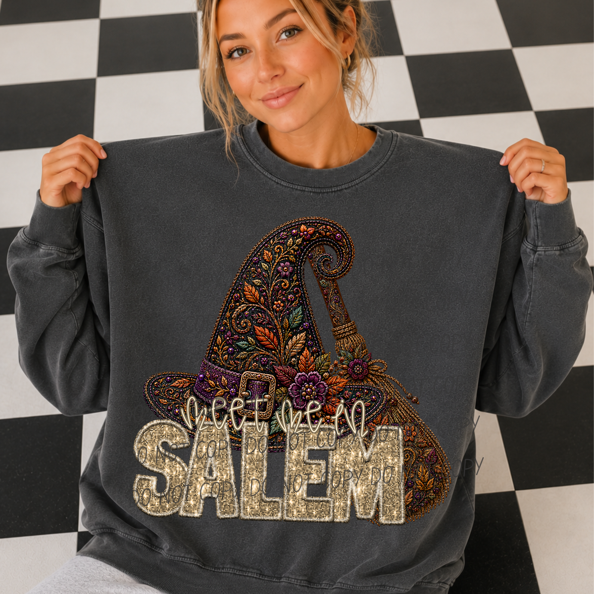 Meet me in Salem glitter font hat and broom (City) DTF Transfer