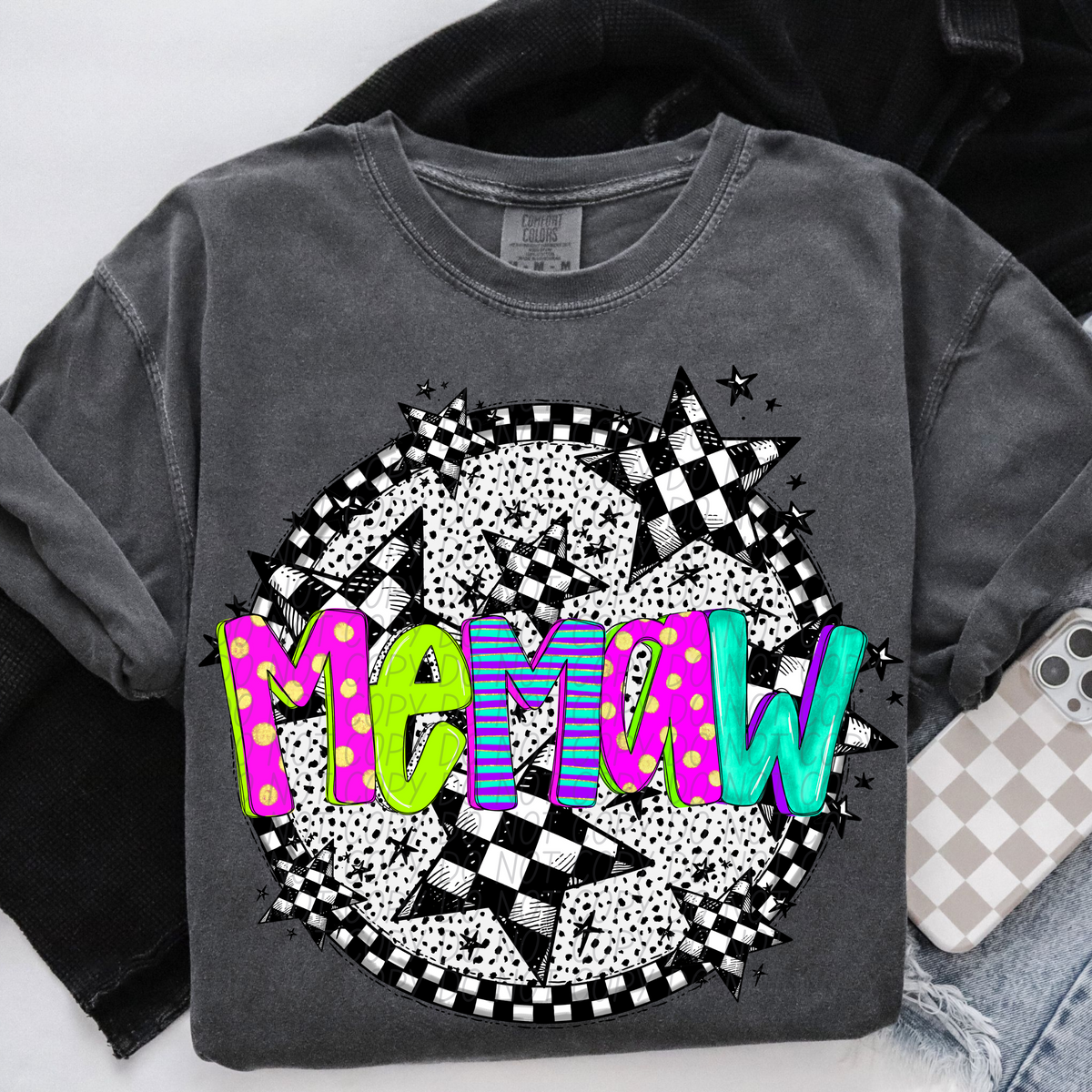 Memaw neon checkered CITY DTF transfers