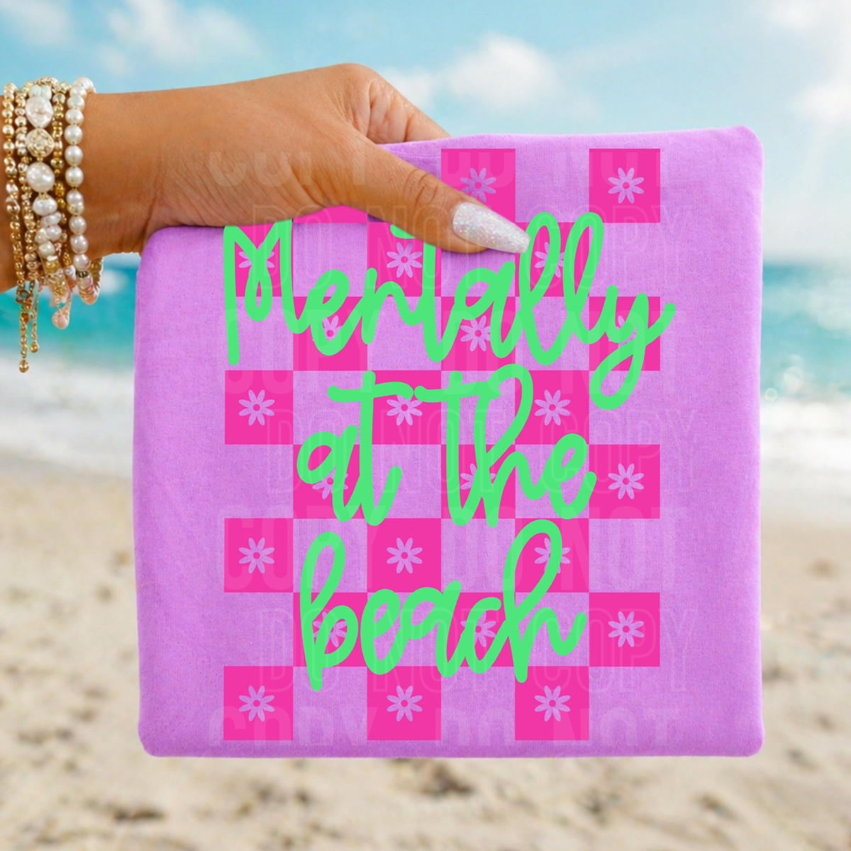 Mentally at the beach pink checkered (SBB) DTF Transfer