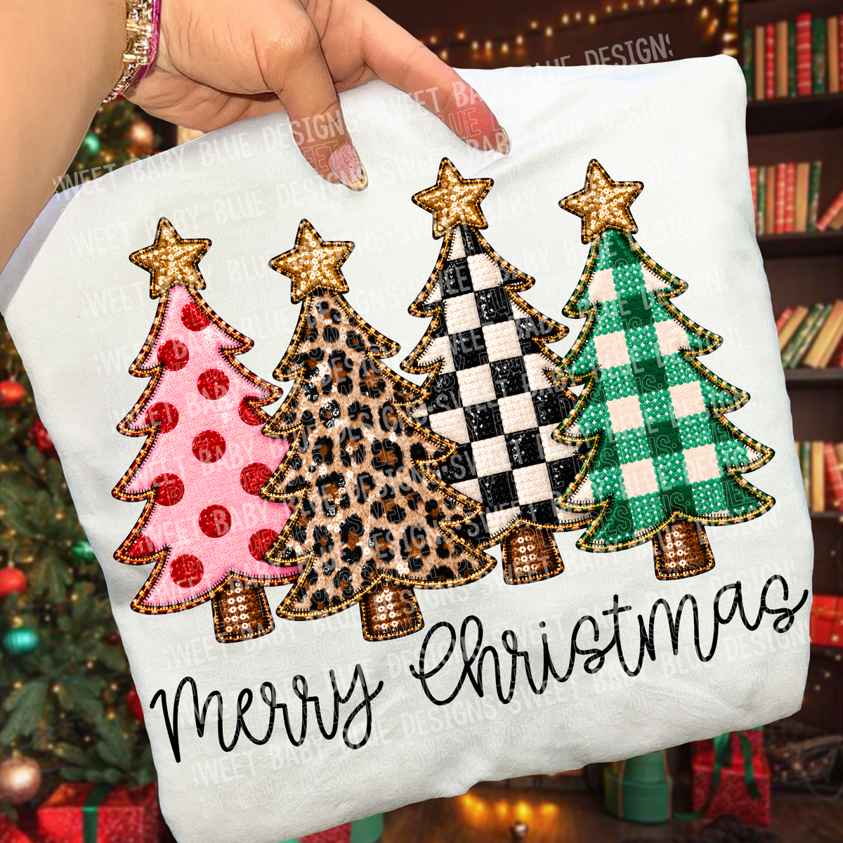 Merry Christmas faux sequin multi print trees Tuesday Deal DTF
