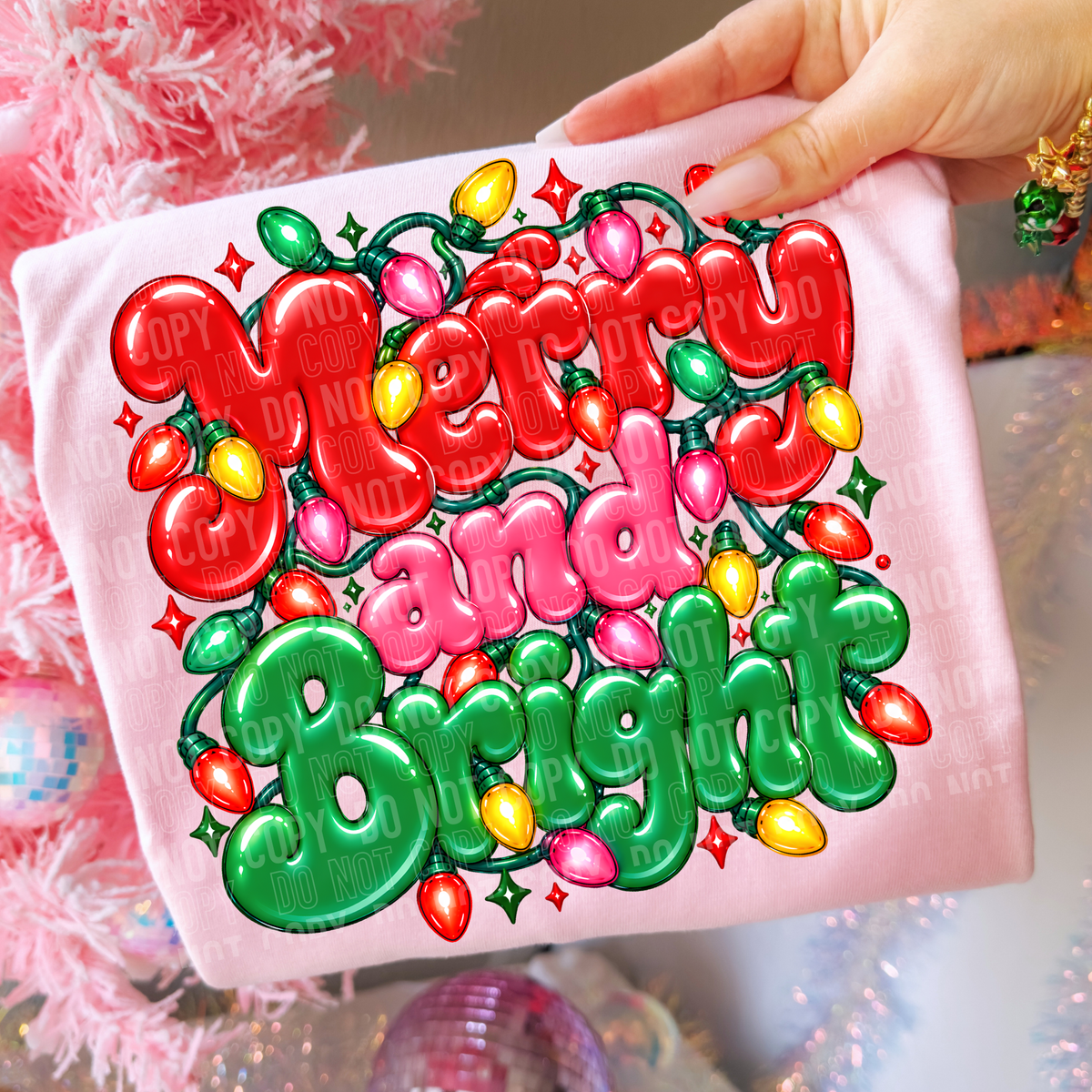 Merry & bright bubble letters red and green with Christmas lights (SBB) DTF Transfer