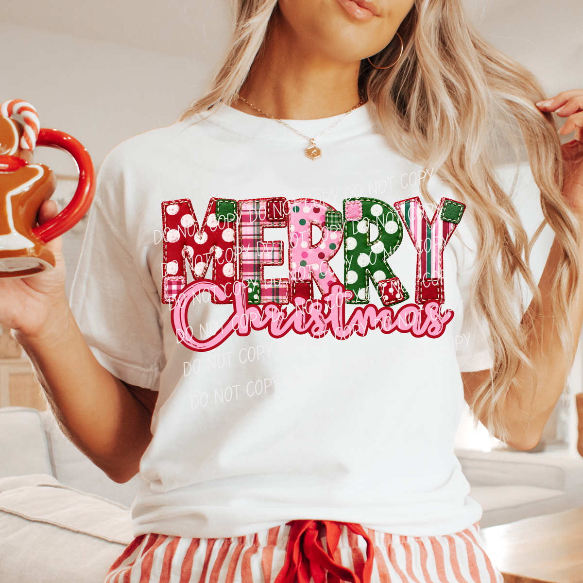 Merry Christmas-Red Green Pink Dot and Plaid Font (CITY)DTF Transfer