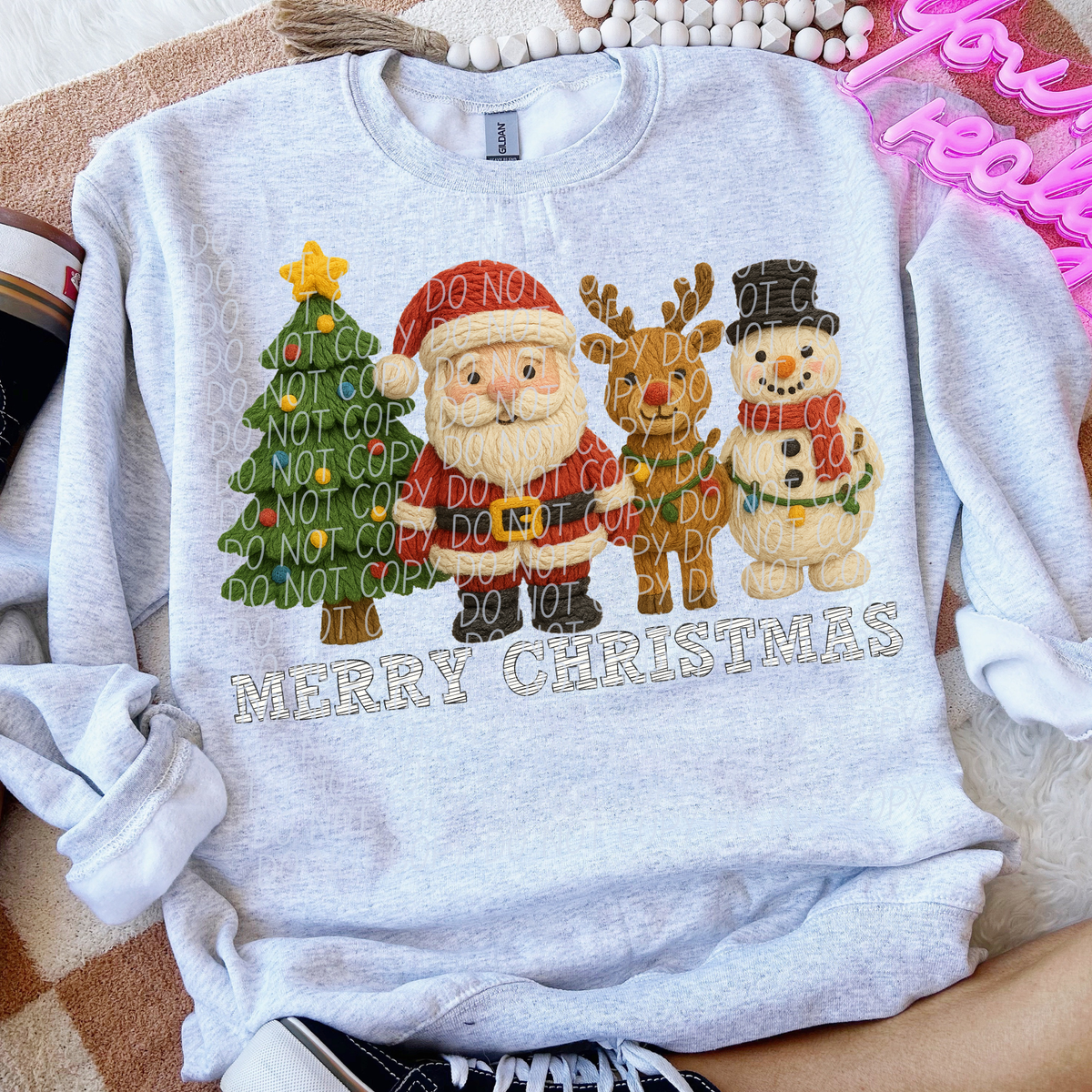 Merry Christmas faux tree Santa reindeer and snowman (City) DTF Transfer