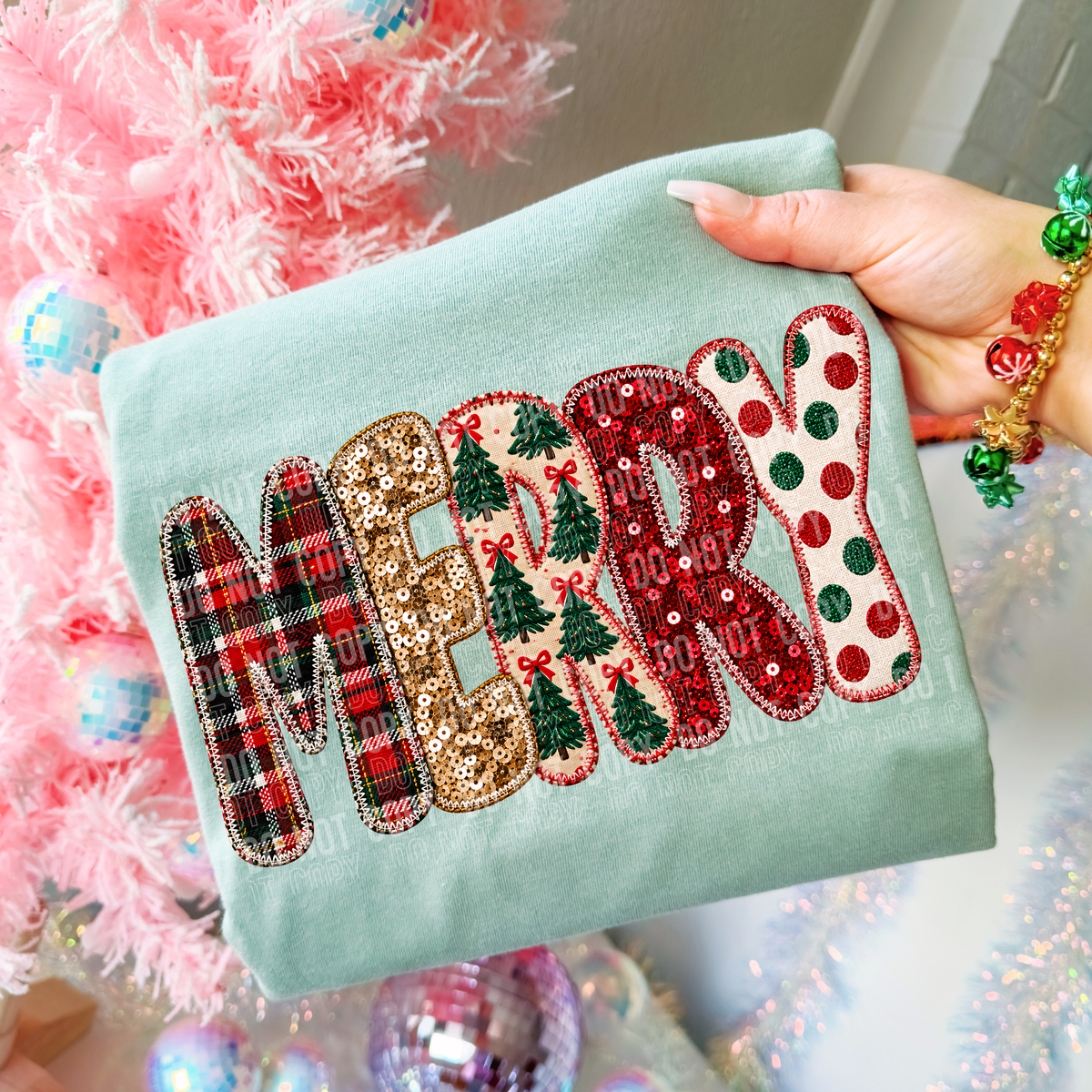 Merry faux sequin pattern filled (SBB) DTF Transfer