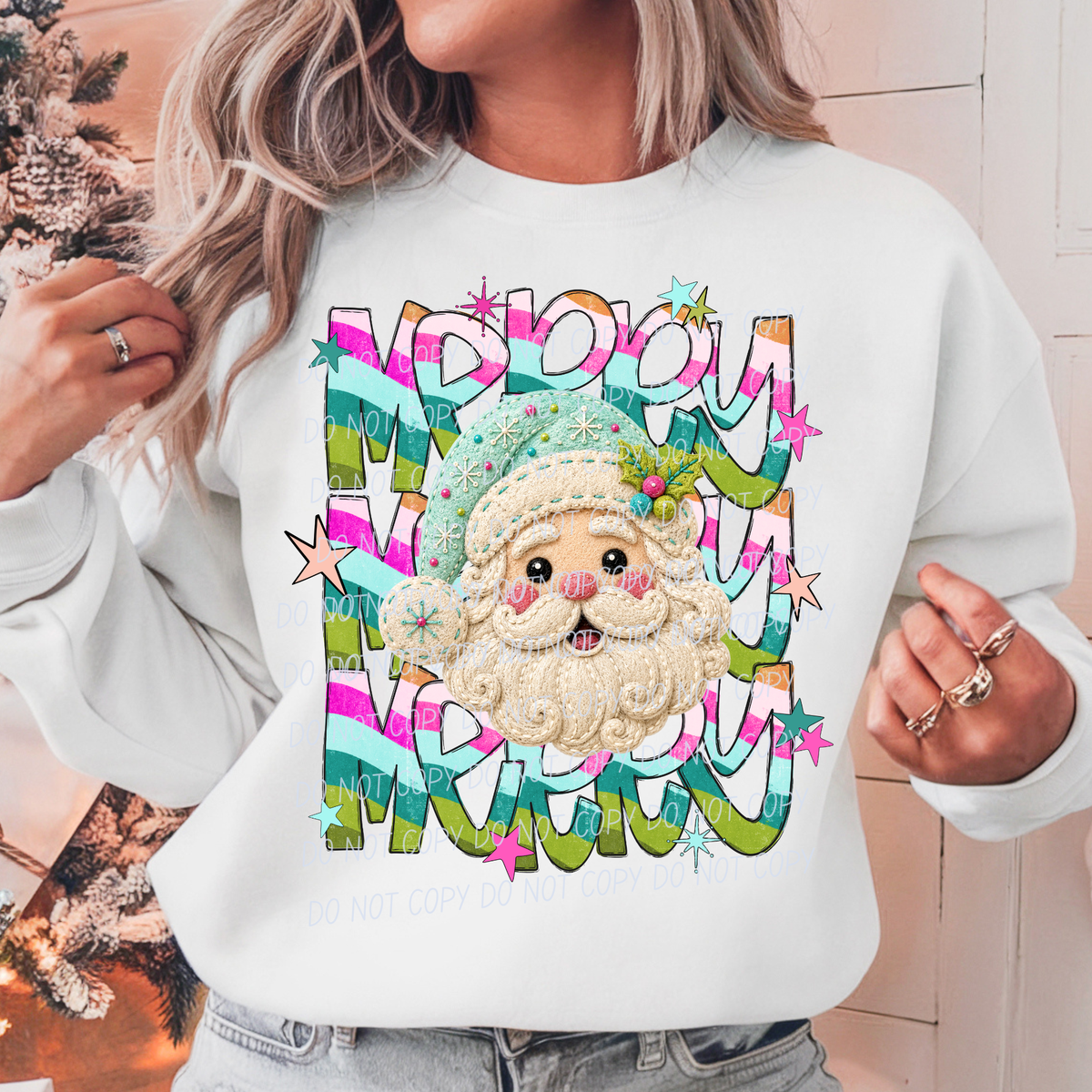 merry santa embroidery pink and blue (city) DTF Transfer