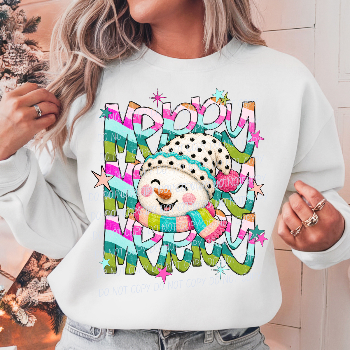 merry snowman rainbow 2 pink blue green (city) DTF Transfer
