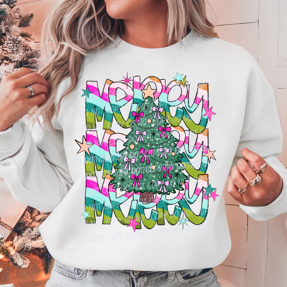 merry tree bow pink green bow tree (city) DTF Transfer