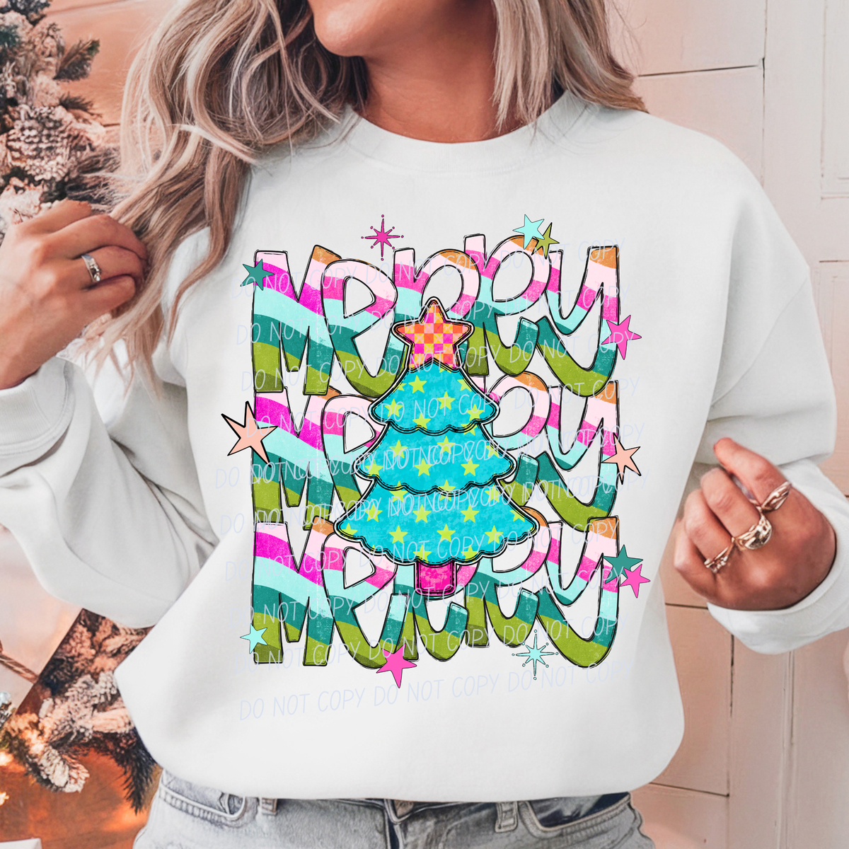 merry tree 2 pink blue green polkadot tree (city) DTF Transfer