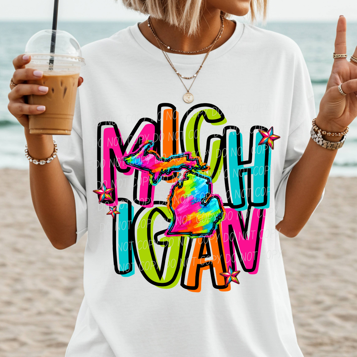 michigan neon rainbow stacked font (city) DTF transfer