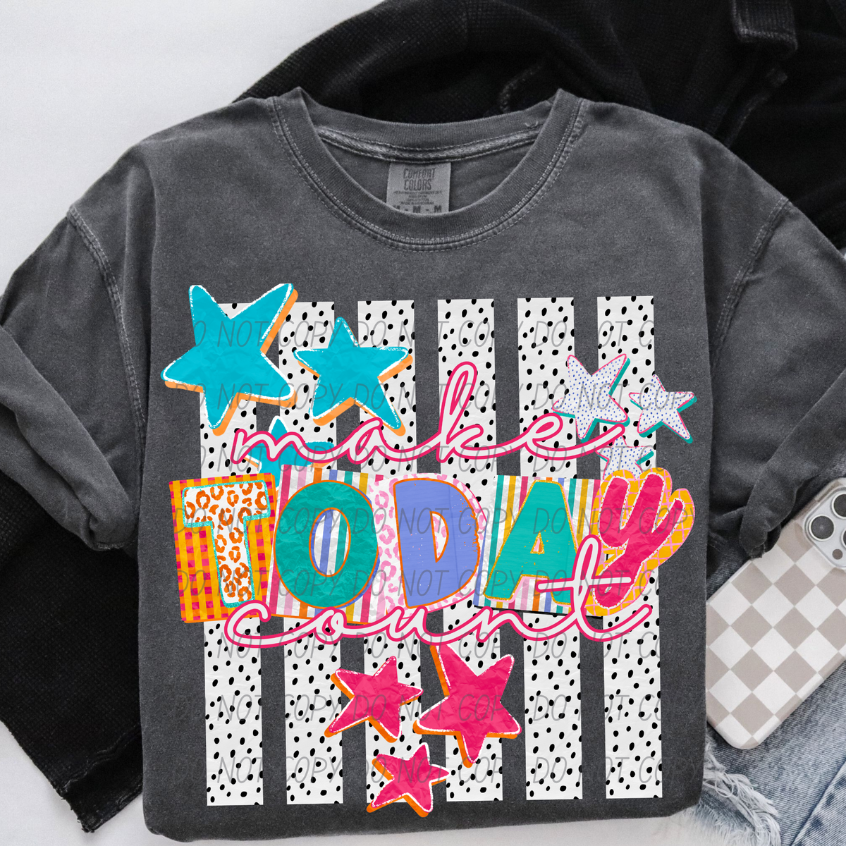 make today count dalmatian striped background colorful stars (City) DTF Transfer
