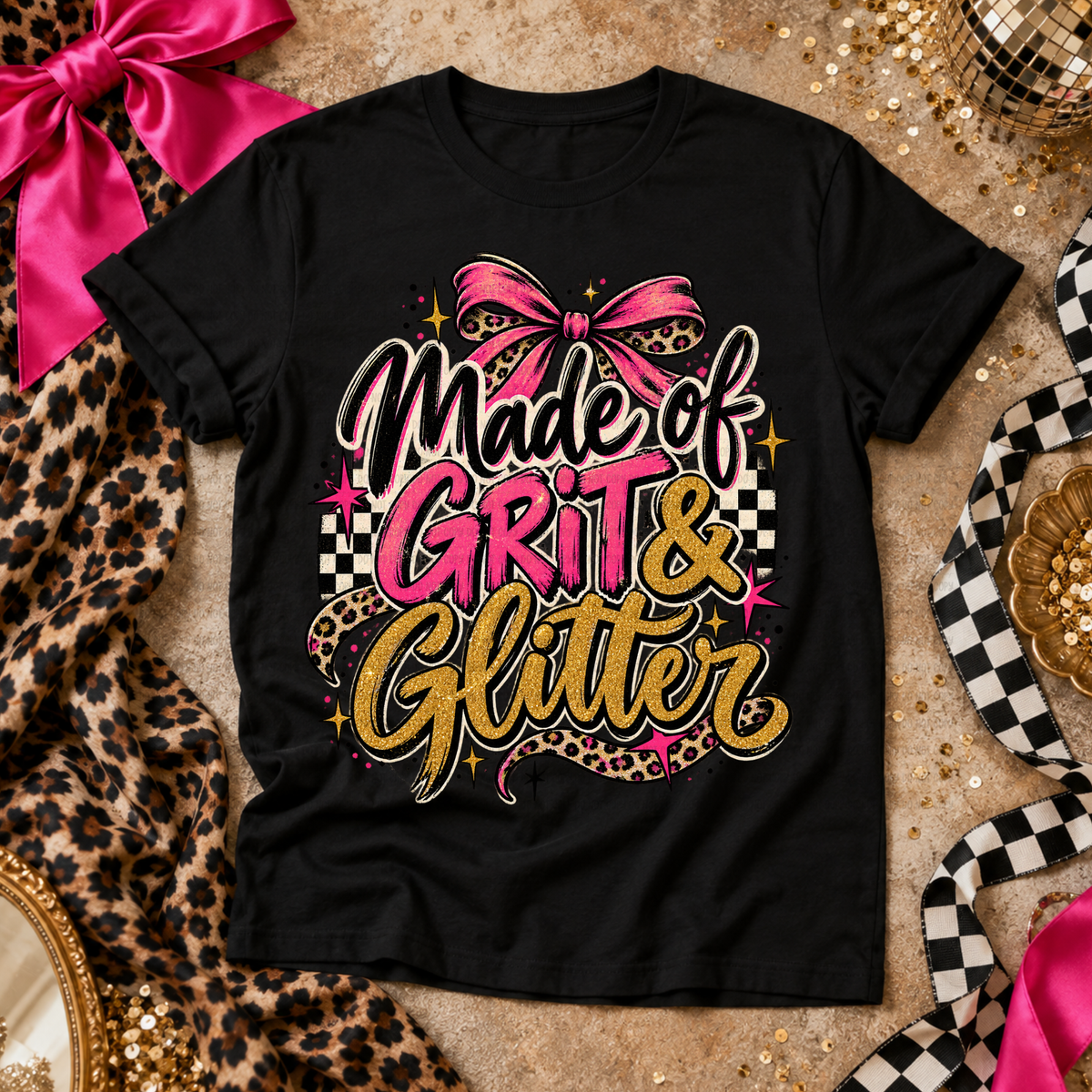 Made of grit & glitter pink bow (Revel) DTF Transfer