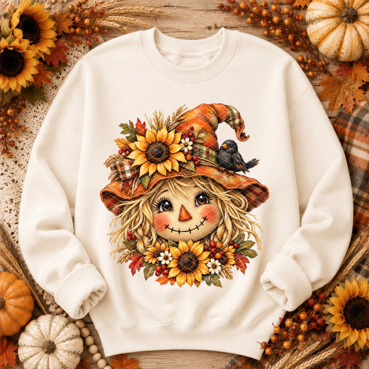 Girl scarecrow sunflower faux fabric (SDD) DTF Transfer