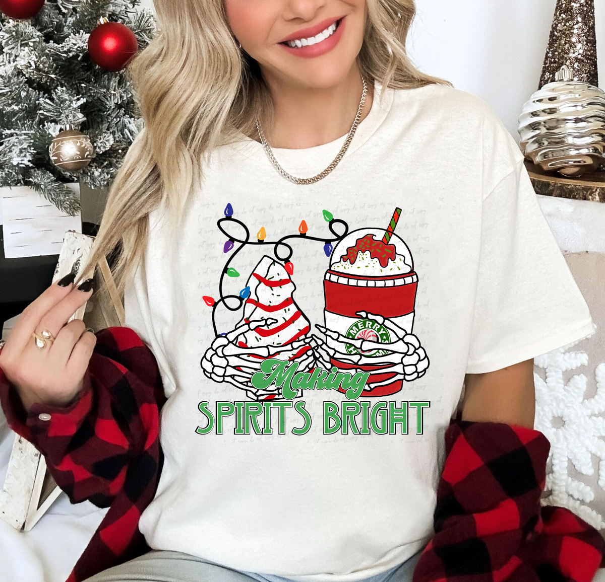 Making Spirits Bright Christmas Tree Cake Latte Skellie Hand Christmas Lights 114962 DTF Transfer