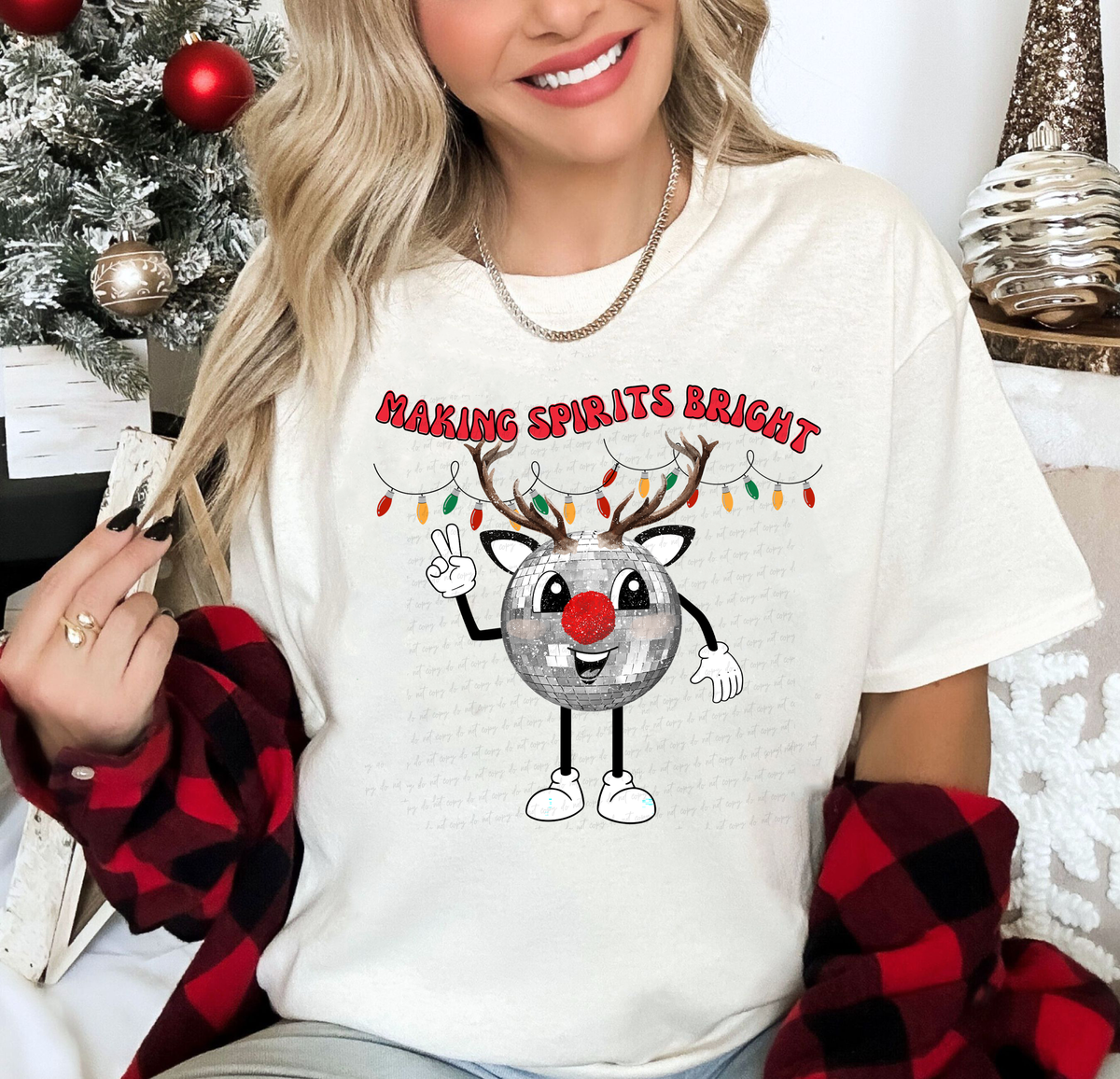 Making Spirits Bright Disco Ball with Reindeer Face Antlers Christmas Lights 115062 DTF Transfer