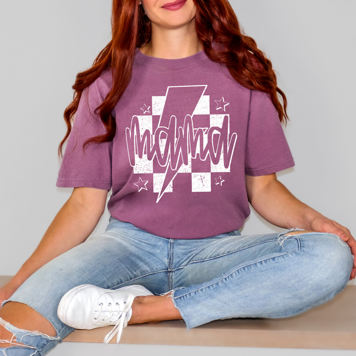 Mama Checkered Lightning Bolt Stars White Font 111774 DTF transfer