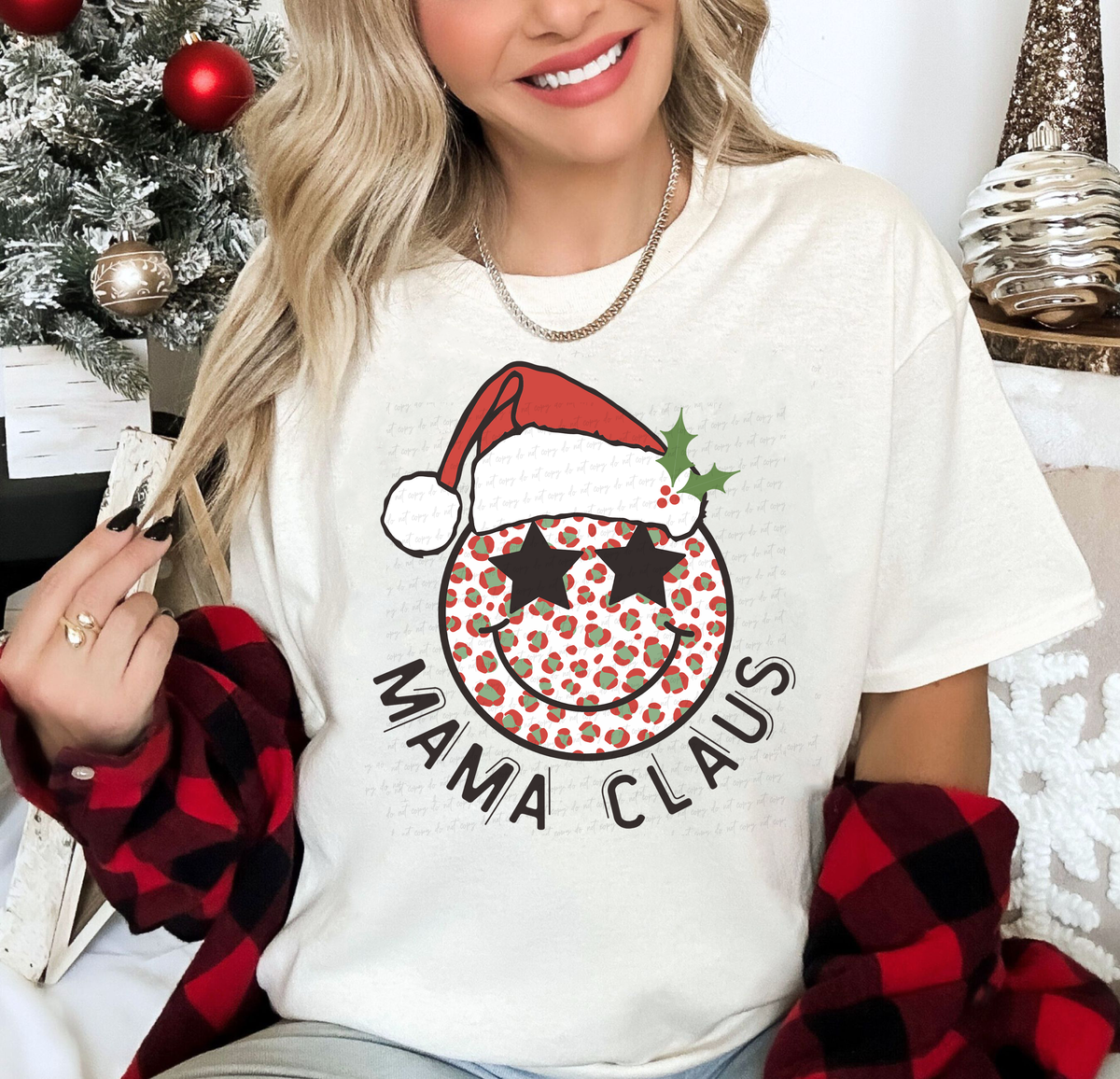 Mama Claus Smiley Star Eyes Santa Hat Leopard Print 114965 DTF Transfer