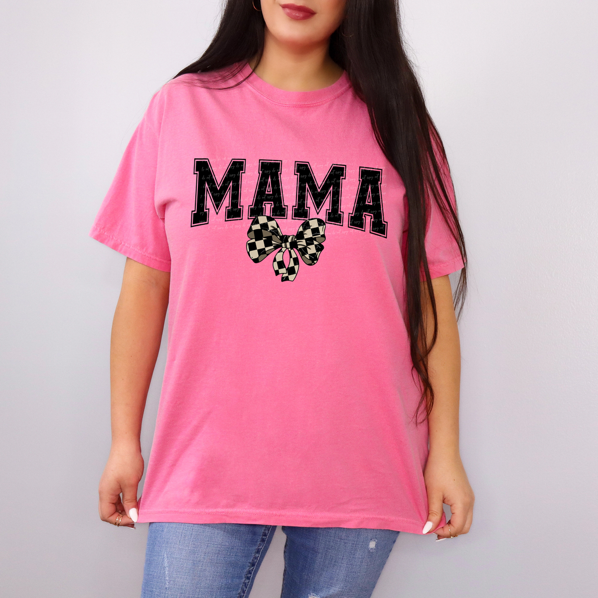 Mama Curve Varsity Font Checkered Bow Black 86579 DTF Transfer