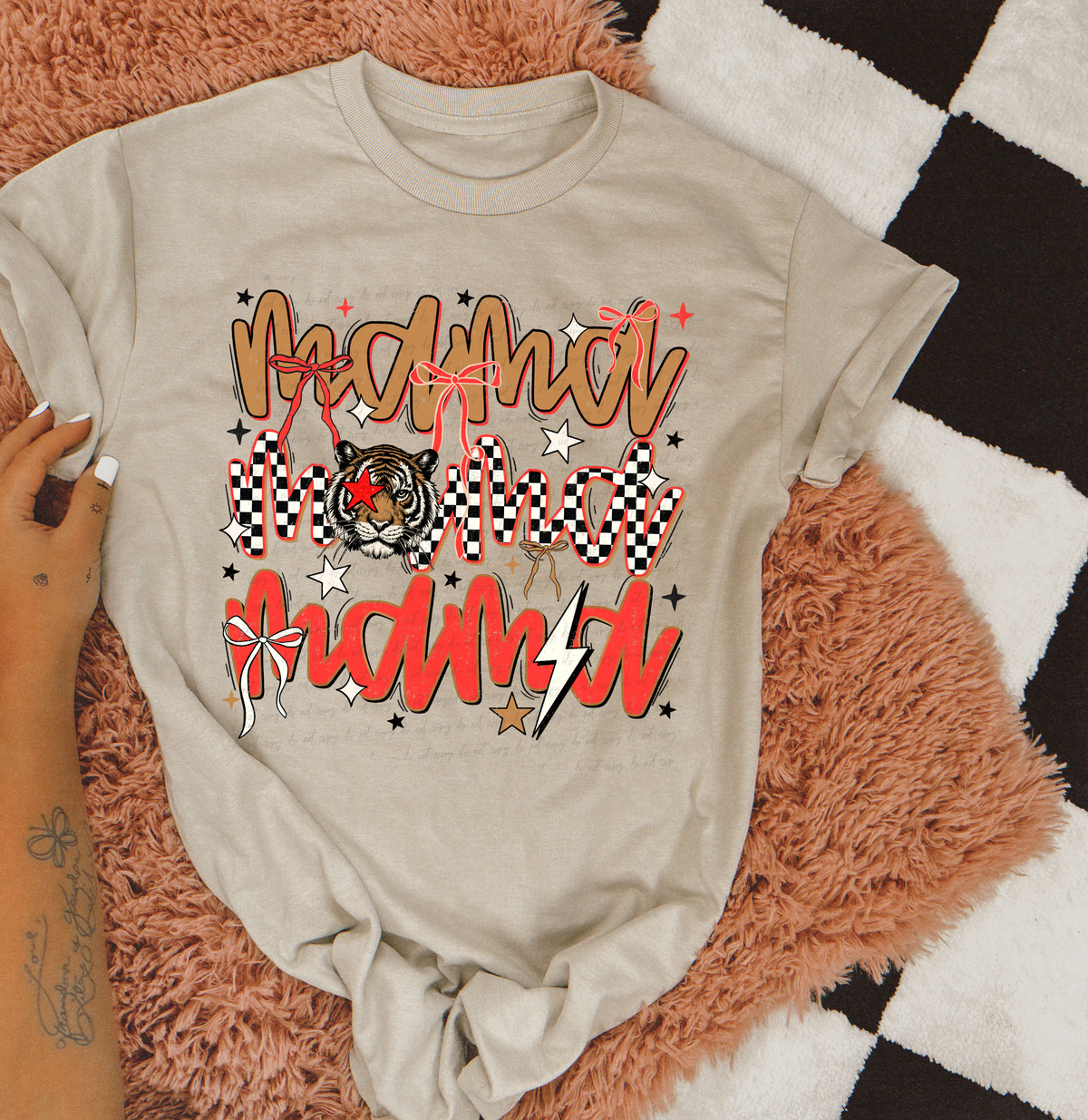 Mama Stacked Tiger Checkered with Bows 111777 DTF transfer