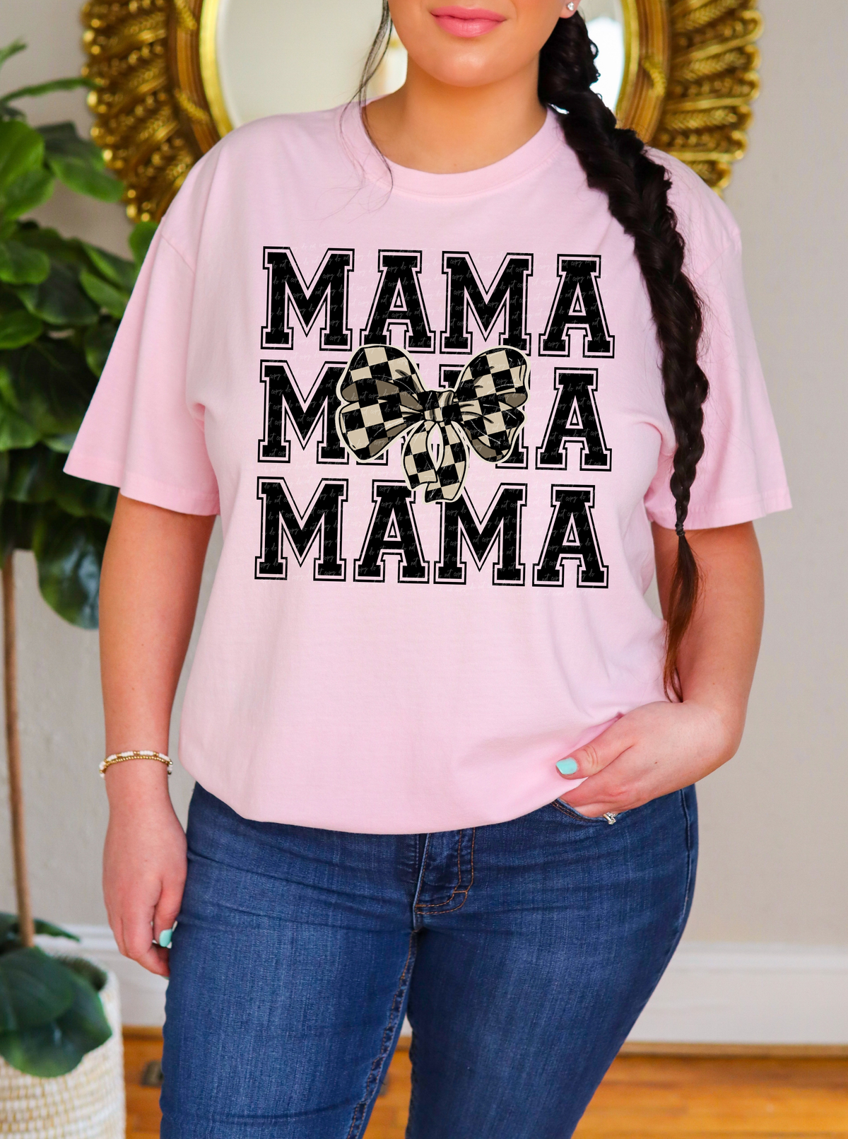 Mama Stacked Varsity Font Checkered Bow Black 86581 DTF Transfer