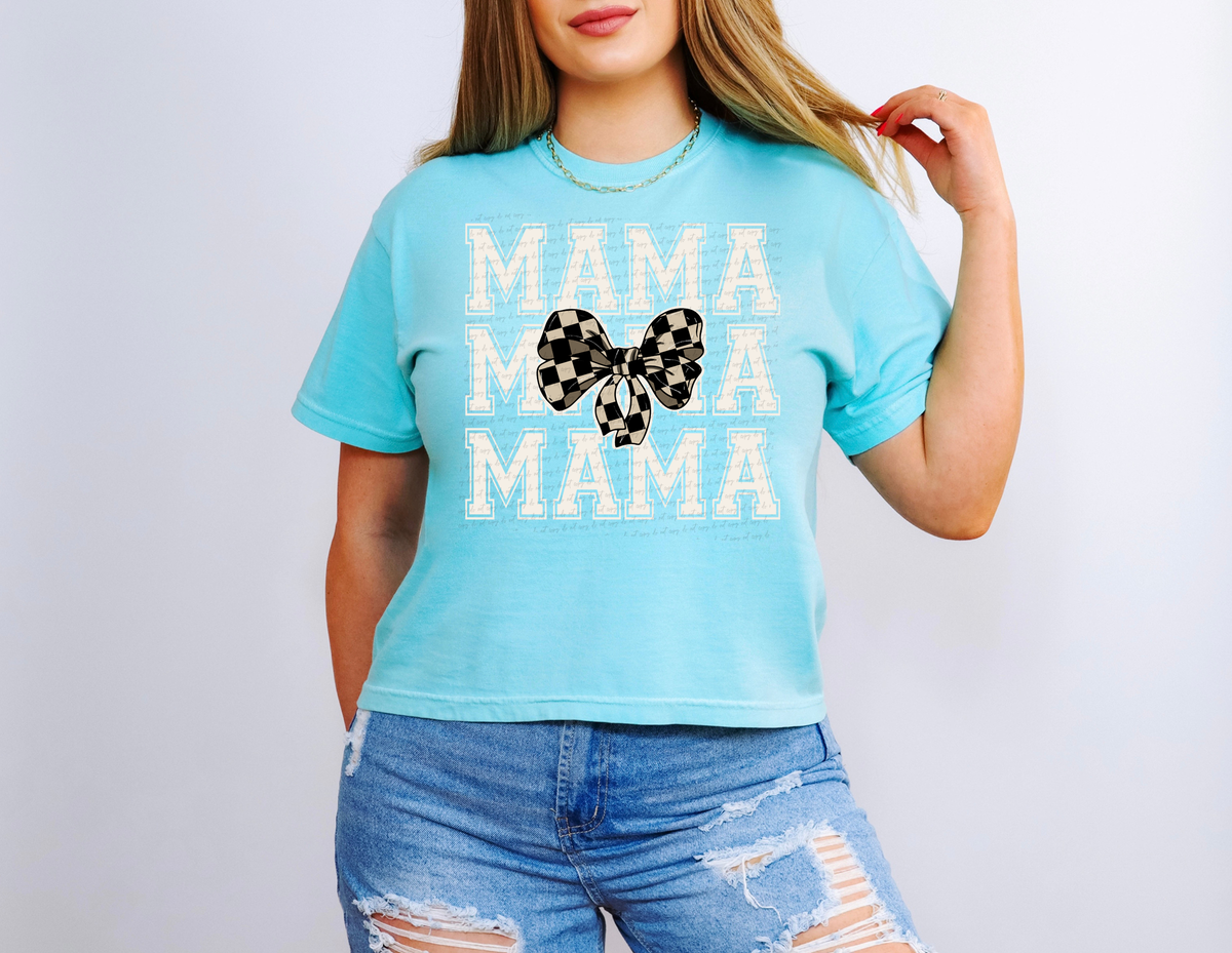 Mama Stacked Varsity Font Checkered Bow White 86714 DTF Transfer