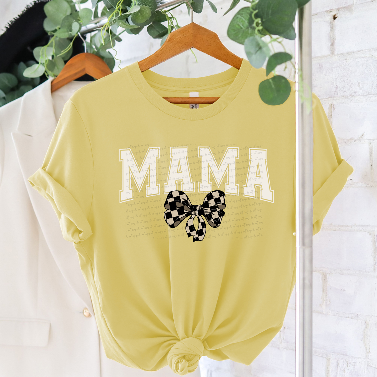 Mama Varsity Font Checkered Bow White 86715 DTF Transfer