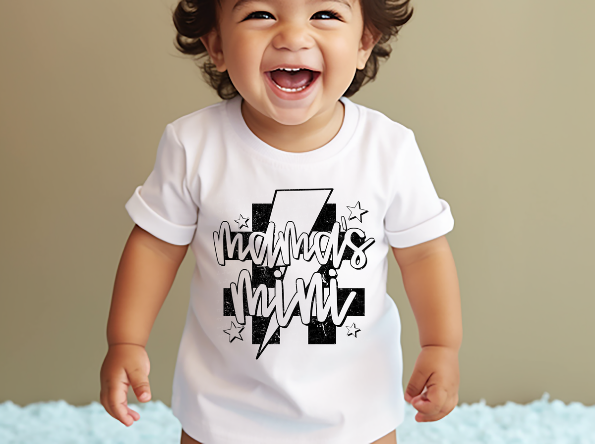 Mama's Mini Checkered Lightning Bolt Stars Black Font 111779 DTF transfer