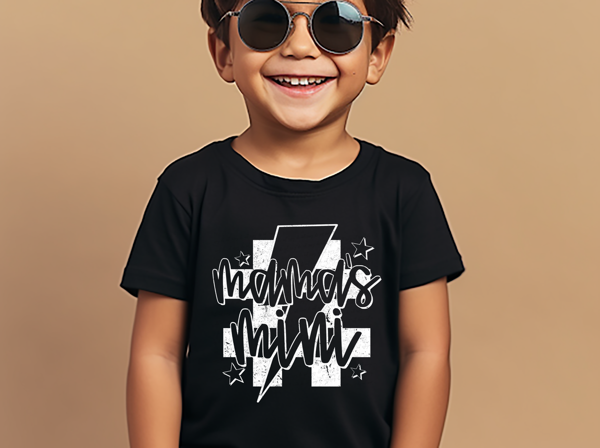 Mama's Mini Checkered Lightning Bolt Stars White Font 111780 DTF transfer