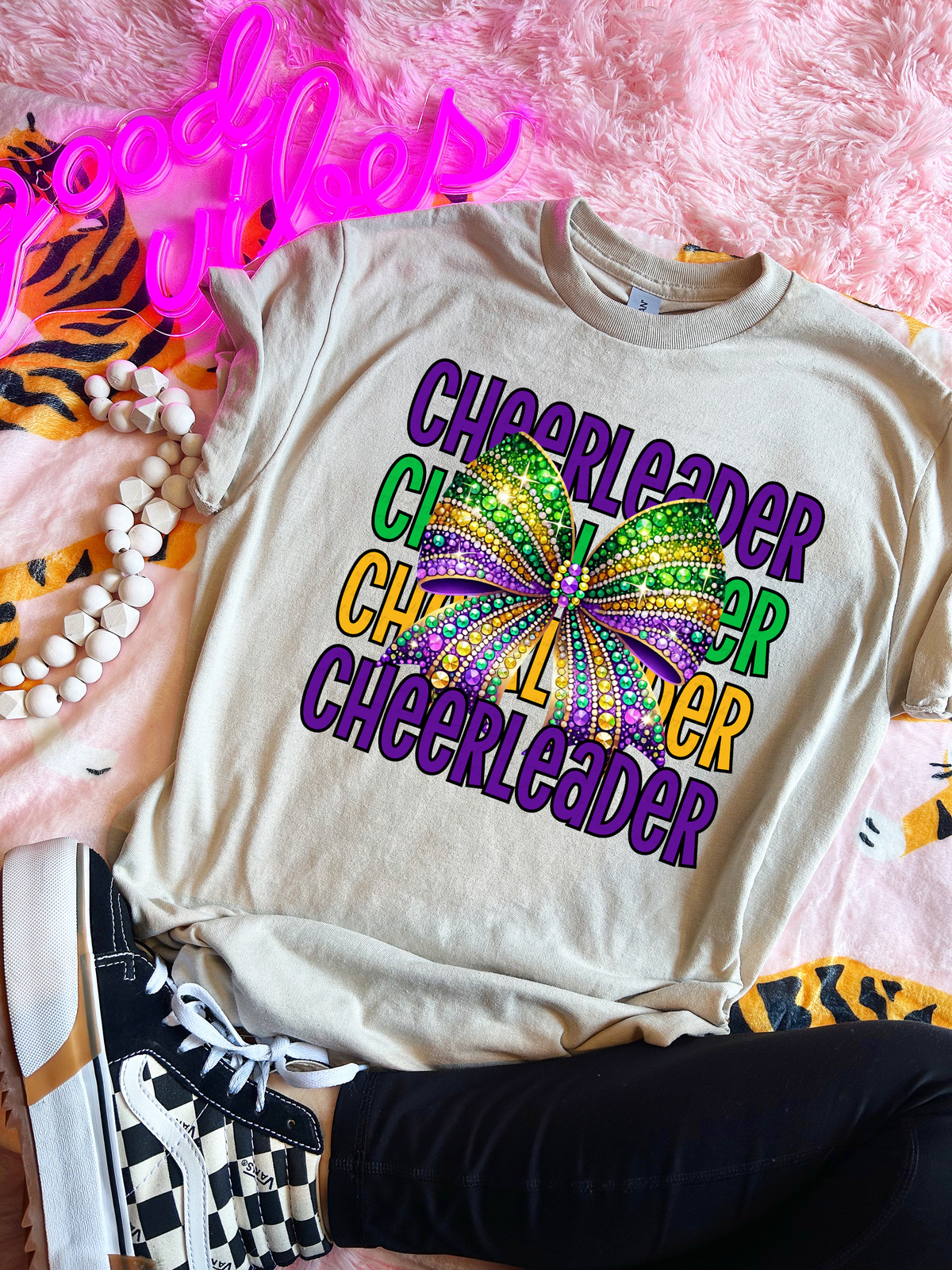 Cheerleader Stacked Mardi Gras Bow 117798 DTF transfer