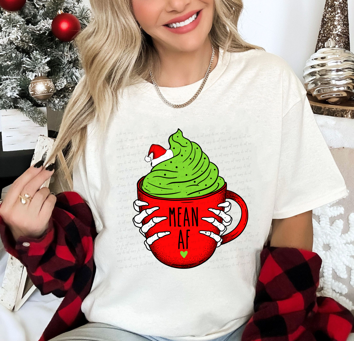 Mean AF Red Mug with Green Frappe Red Santa Hat and Skellie Hands 115723 DTF transfer
