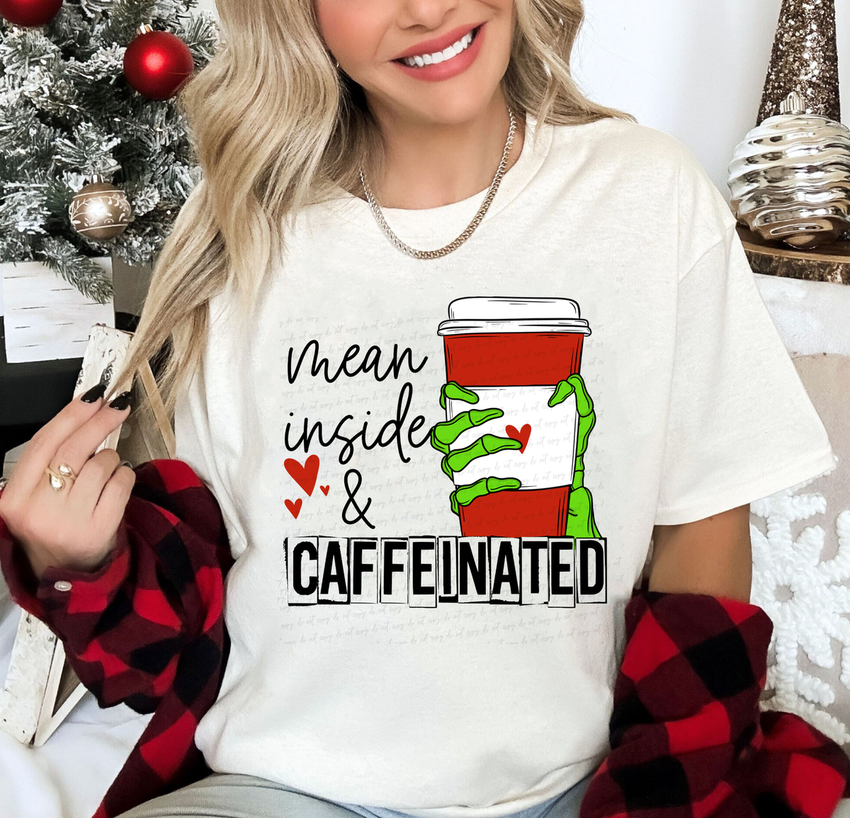 Mean Inside and Caffeinated Coffee Cup and Green Skellie Hand 115724 DTF transfer