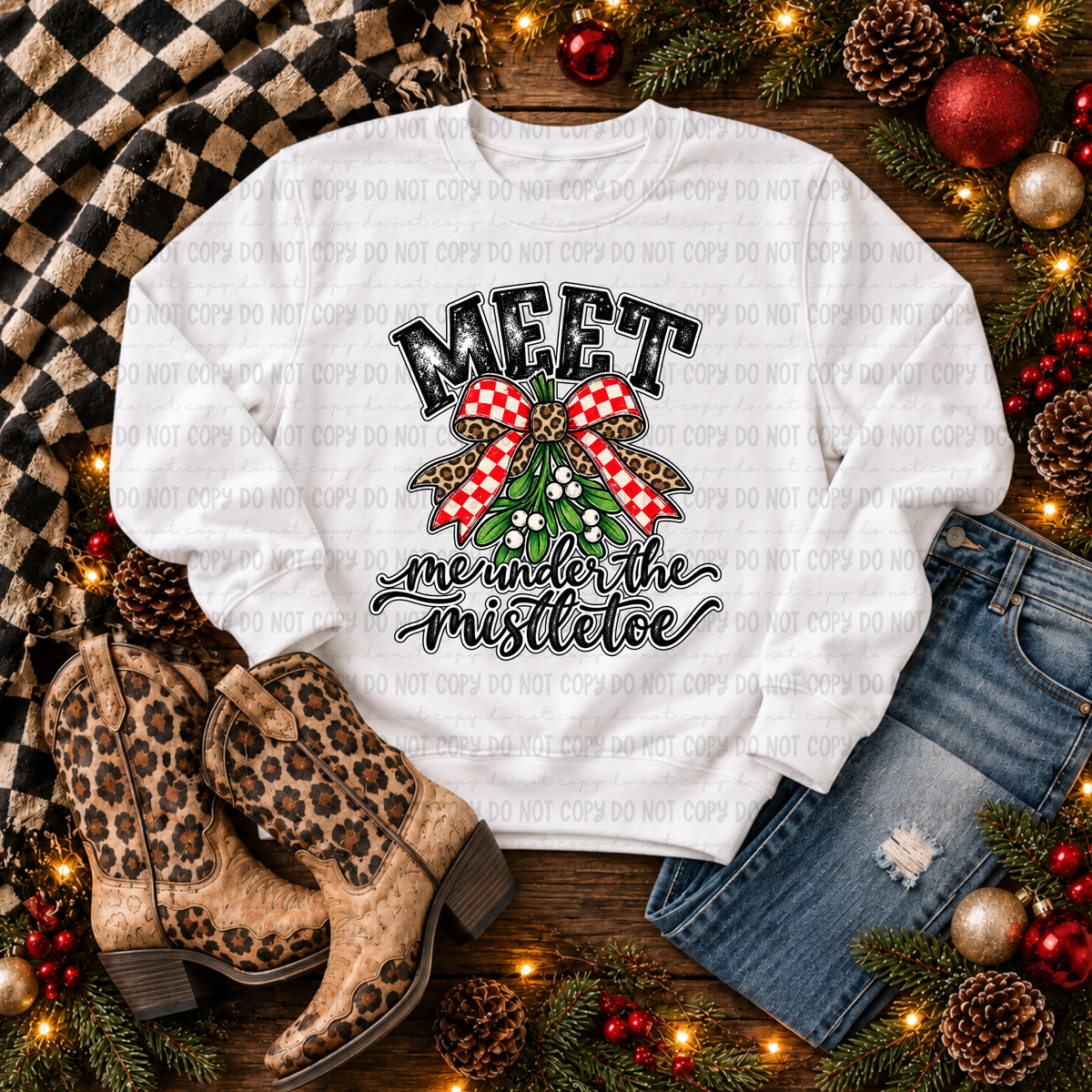 Meet me under the mistletoe-mistletoe with red plaid bow (Revel) DTF Transfer