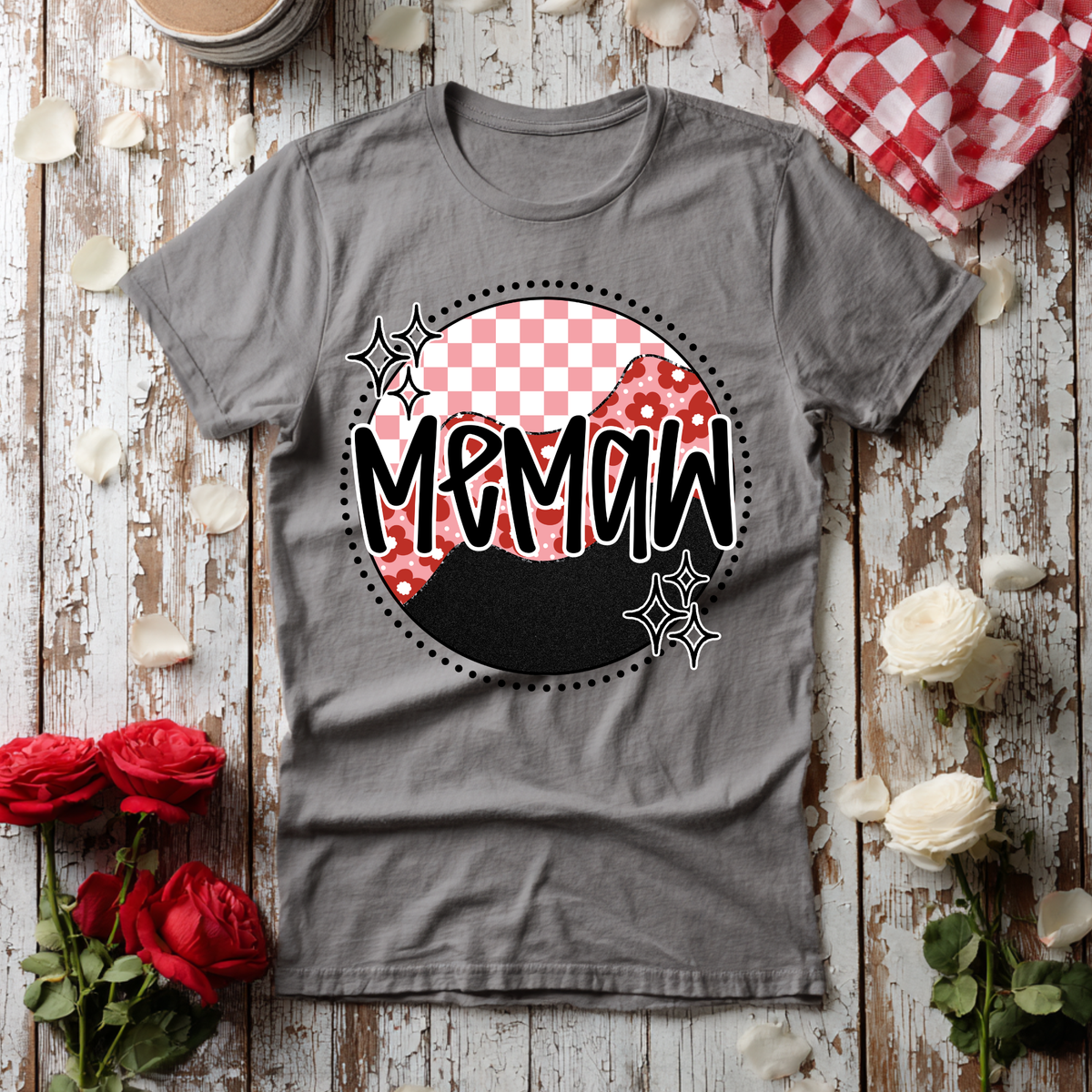 Memaw pink checkered circle with faux glitter (Revel) DTF Transfer