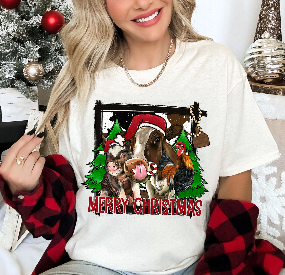 Merry Christmas Farm Animals Pig Cow Chicken Trees 114931 DTF Transfer