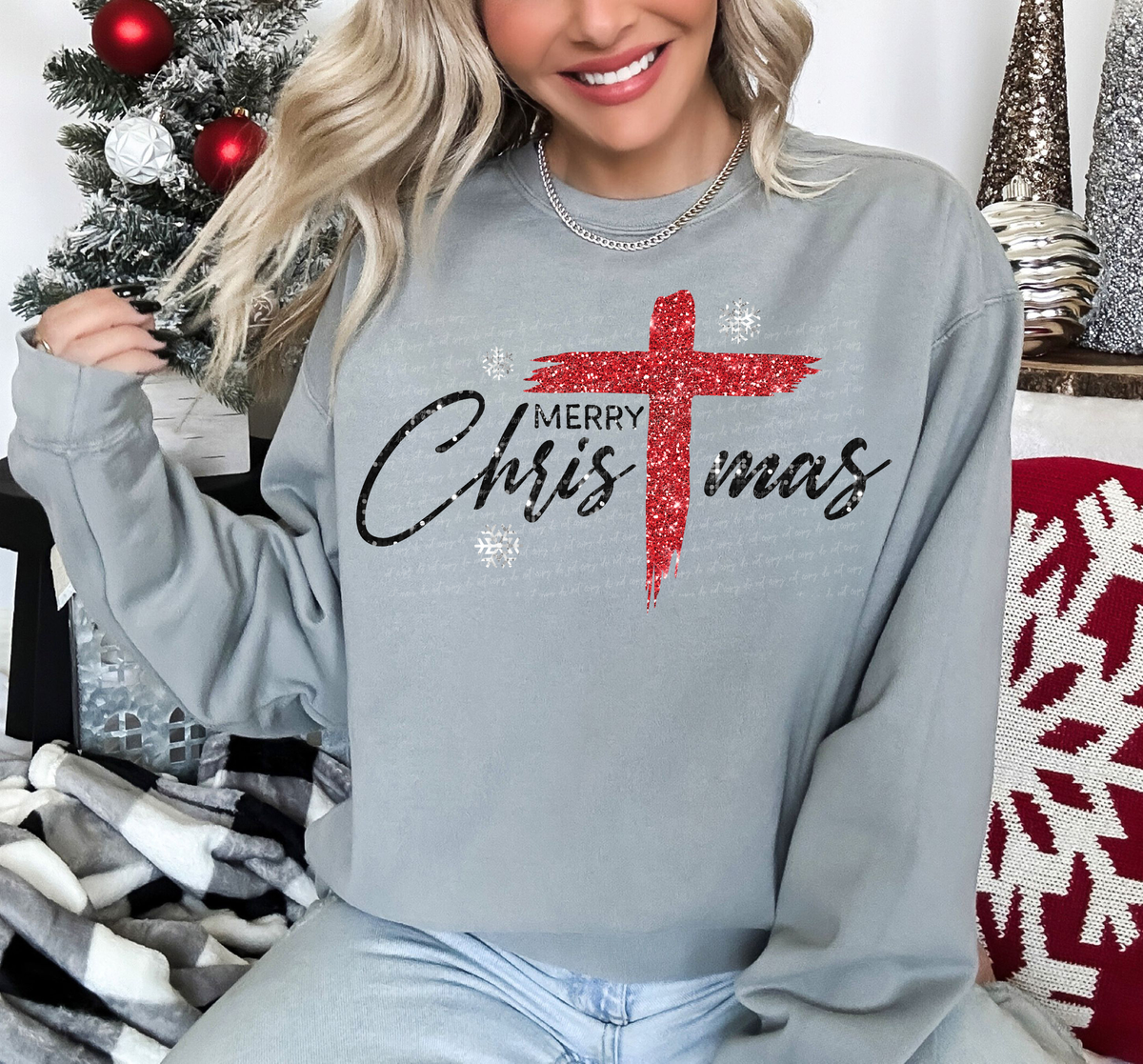 Merry Christmas Faux Glitter Red Cross 59899 DTF Transfer