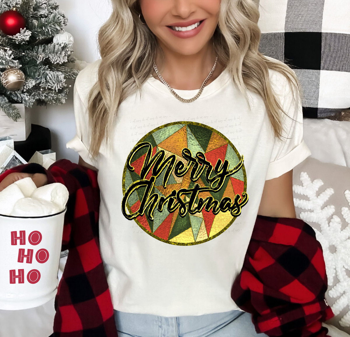 Merry Christmas Stained Glass Gold Circle 115891 DTF Transfer