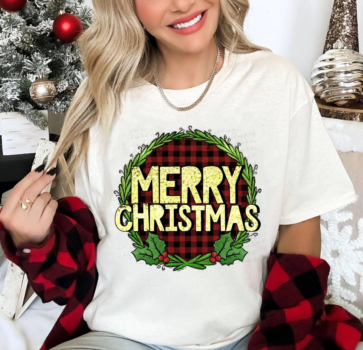 Merry Christmas Wreath Circle Red Plaid 114890 DTF transfer