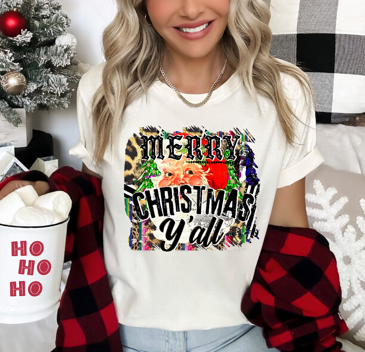 Merry Christmas Y'all Santa Head Leopard 115892 DTF Transfer