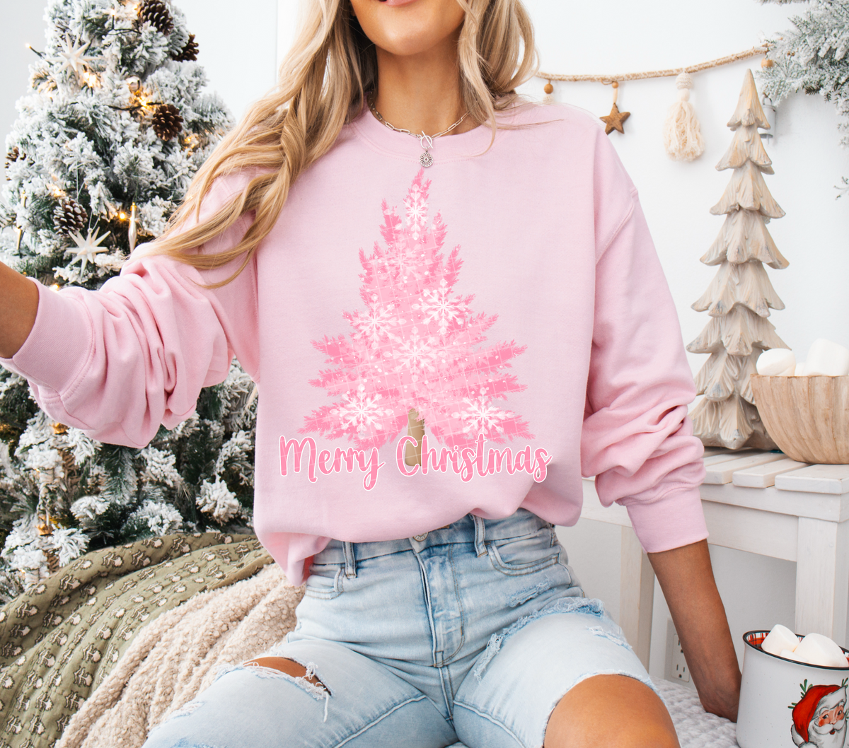 Merry Christmas PINK tree WHITE snowflakes (Linda) DTF Transfer