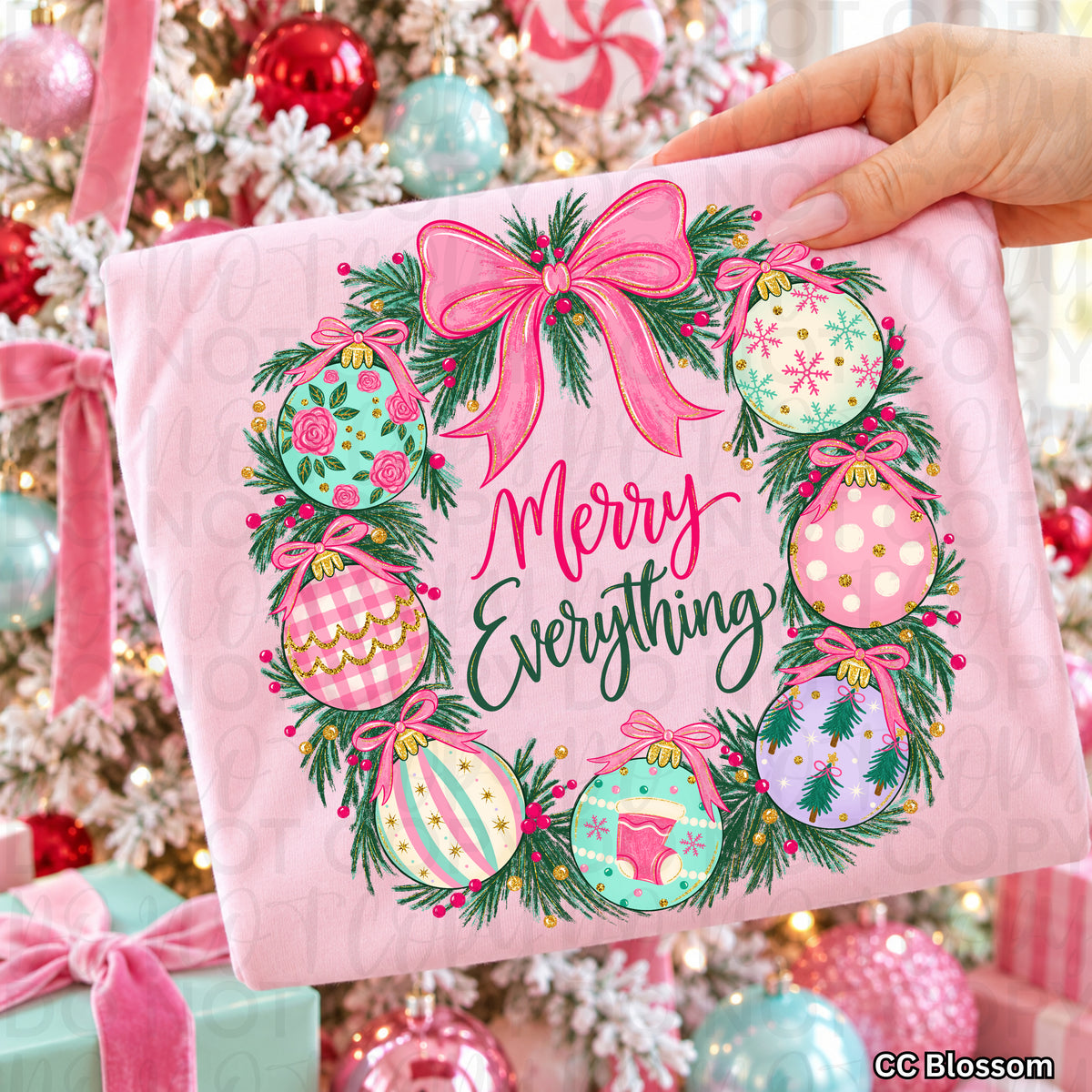 Merry everything ornament wreath with pink bow (UAC) DTF Transfer