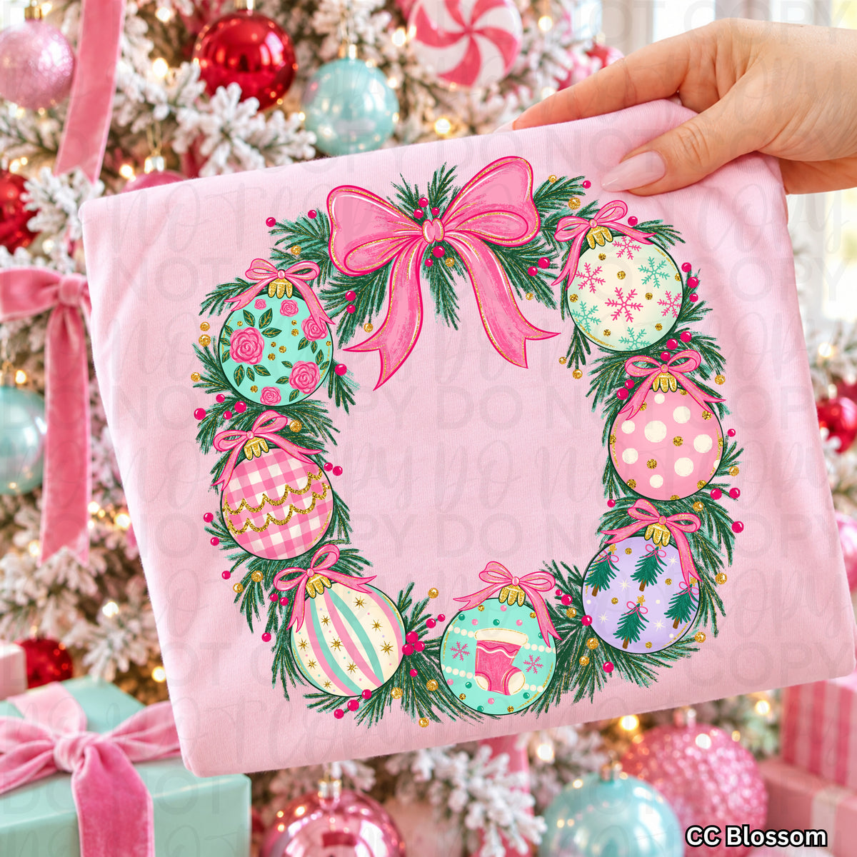 Ornament wreath with pink bow (UAC) DTF Transfer