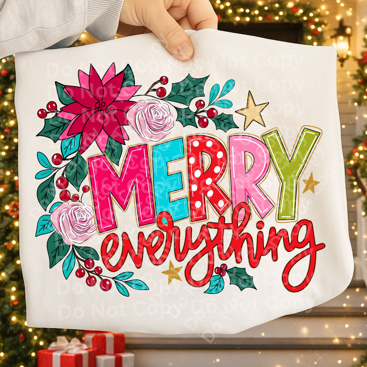 Merry everything colorful letters floral with stars (Irene) DTF Transfer