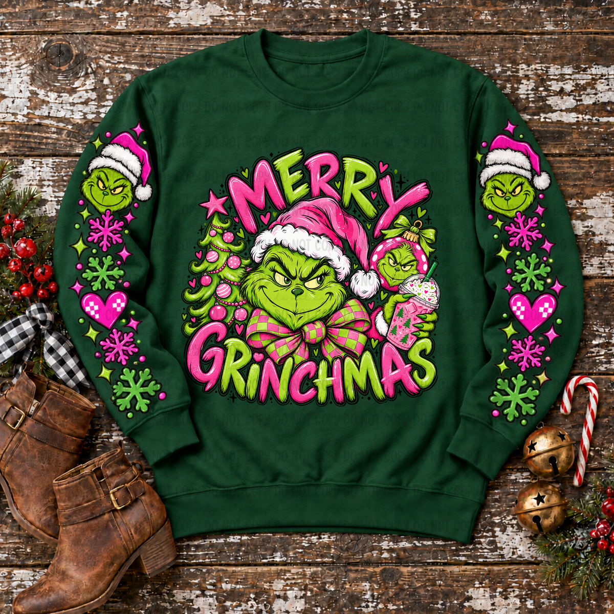 Merry Gmas Christmas tree gman with checkered bow green and pink (FRONT ONLY) (Revel) DTF