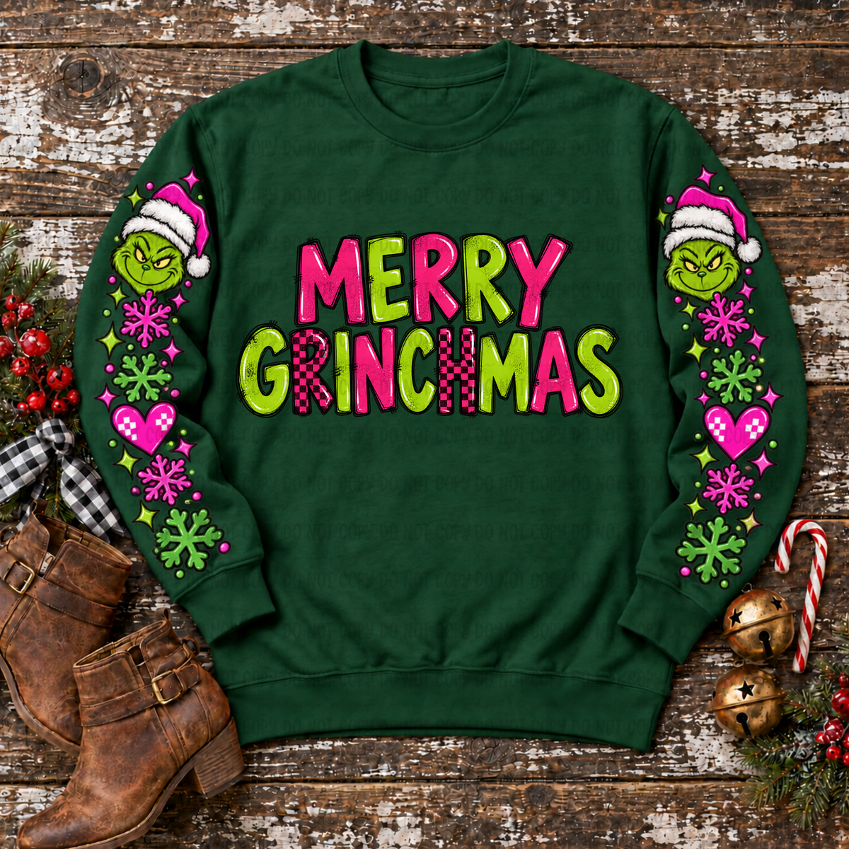 Merry Gmas pink and green checkered (FRONT ONLY) (Revel) DTF