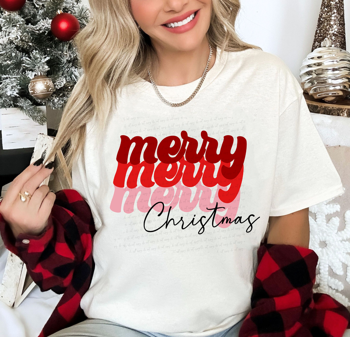 Merry Merry Merry Christmas Stacked Red and Pink 115066 DTF Transfer