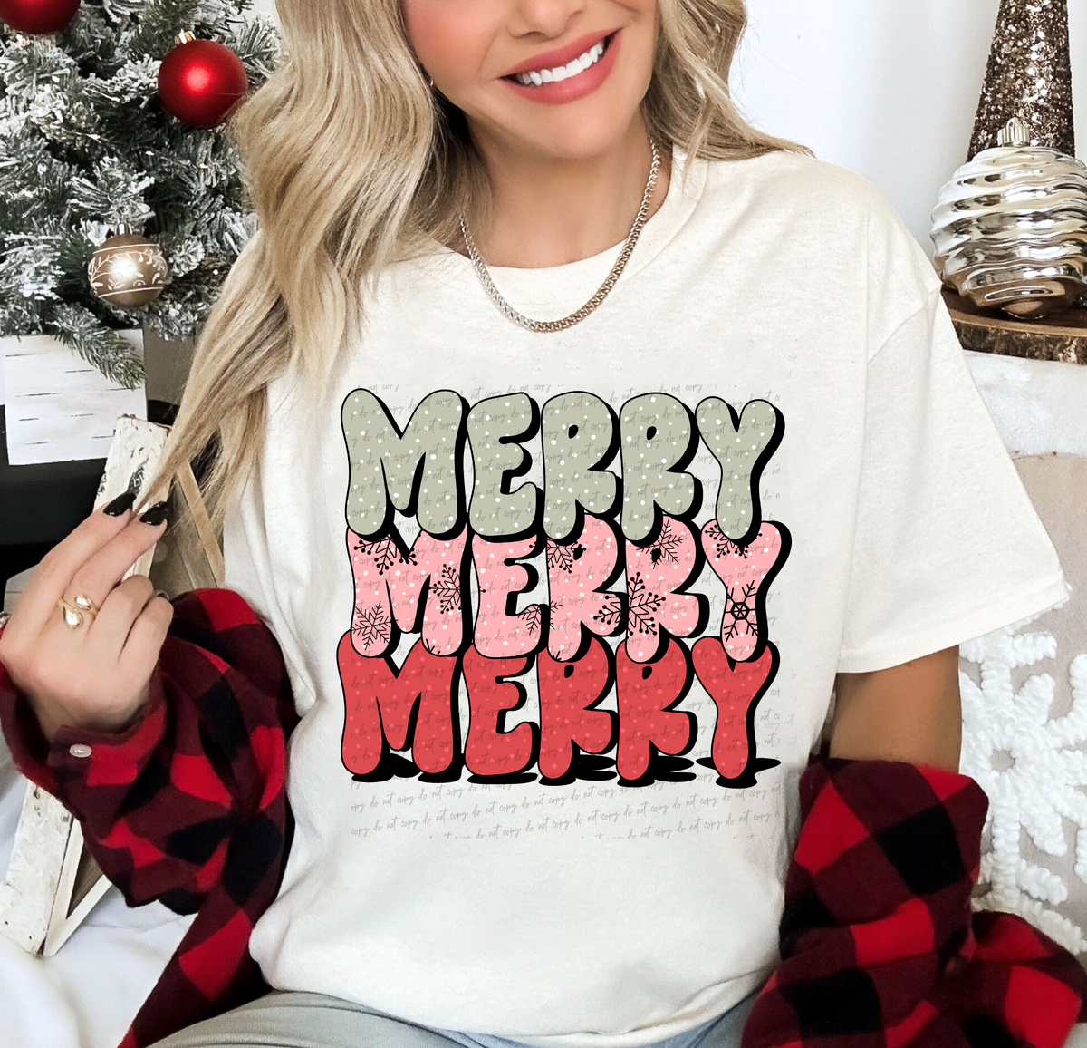 Merry Merry Merry Stacked Sage Green Pink Red 114933 DTF Transfer